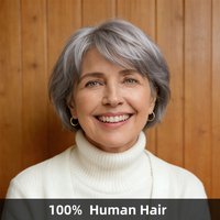 Silver Gray Short Pixie Cut Wig with Bangs Full Machine Made 100% Real Human Hair Breathable Cap for Older Women Senior Ladies
