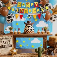 Blue Sky White Cloud Pennant Flag Decoration Cartoon Story Toy Cow Pattern Banner for Kids Birthday Baby Shower Party Supplies