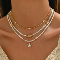 3 Pcs Gold Layered Starfish Shell Beaded Choker Necklace Set for Women Faux Pearl Boho Summer Beach Vacation Jewelry Adjustable