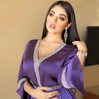 2025 New Turkey Arabic Satin Maxi Dress Women Diamonds V-Neck Long Sleeve Ramadan Eid Muslim Islamic Kaftan Ethnic Abaya Dubai