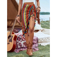 The 2025 Summer Music Festival Women's Pleated Skirt Features Color Blocks Stripes And Asymmetrical Ruffled Decorations