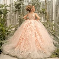 BABYONLINE 2025 Elegant 3D Lace Flower Girl Dresses for Weddings & Party I Pearl Pink Tulle Princess Skirt Ball Gown For Girls