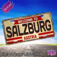 "Welcome to Salzburg Austria" Vintage 2D Flat Aluminum Tin Sign for Travel Car & Wall Decor, Bar, Garage, Man Cave