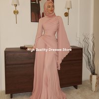 Prom Dresses New Blush Pink Ruched Waist Pleated Matching Hijab Long Flare Sleeve Dress Eid Gala Outfit Customized