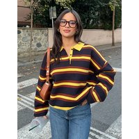 HH New Woman'S Stripes Long Sleeves Button Decoration Polo Collar Pullover Knitted Sweater Female Slim Fit Leisure Tops