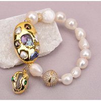 G-G Cultured White Baroque Pearl Black Keshi Pearl Bracelet Clear Quartz Charms