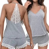 Plus Size Women's Crochet Lace 2 Pieces Pajamas Sleeveless V-Neck Set Casual Sleepwear Suit Sexy Solid Home Clothes Summer Wear