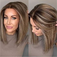 16 Inches Chestnut Brown Full Wigs Female Blonde Highlights Bob Natural Straight 180% High Density Glueless Wigs Synthetic Hair