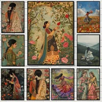 Vintage Indian Mughal Inspired Woman Portrait Poster Traditional Indian Pakistani works Diamond Painting Wall Art Room Home De