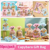 50pcs/set Capybara Theme Gift Bag Snack Popcorn Cookie Candy Packaging Three Colors Cartoon Anime Figure Gift Bag Party Supplies
