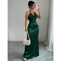 Women HalterNeck CowlNeck EmeraldGreen Satin Ruched Fit Maxi Dress Elegant Party Summer Glam WeddingGuest Cocktail Stretchy Dres