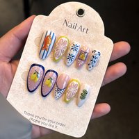 24Pcs French Cute Lemon Press on Nails Summer Medium Fake Nails Almond Manicure Tips False Nails for Women Nail Decoration