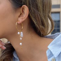 Chic Baroque Pearl Fringe Hoop Earrings Gold Plated Long Chain Drop Earrings for Women Modern Wedding Party Accessories Jewelry