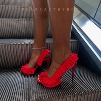 2025 Sweet Pink Pleated Satin Sandals Ruffles Peep Toe Slingback Dress Surround Lace Shoes Women's Summer Sexy Stiletto Shoes