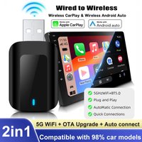 2025 2-in-1 Mini Wireless CarPlay Android Auto Adapter Smart Dongle with 5.8G WiFi BT5.0 Plug and Play for Factory Wired Cars