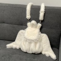 White Faux Fur Angel Wings Backpack Lace Decor Cute Shoulder Bag Plush Kawaii Backpack Women Soft Stylish Winter Casual Backpack