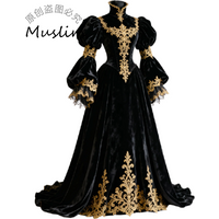 Vintage Tudor Black Evening Dress With Gold Lace Renaissance Costume Prom Dress Elegant Velvet Aesthetic Medieval Party Gowns