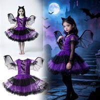 Robe de cosplay pour filles, costume de chauve-souris pour enfants, tenue de jeu de rôle, robe en tulle violet à plusieurs couches pour la fête d'Halloween et les spectacles.