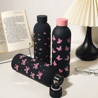 500ml Black & Pink Bow/Butterfly Print 304 Stainless Steel Insulated Bottle, Matte Vacuum Flask for Daily Use