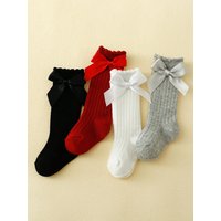 4/5 Pairs Baby Girls Long Knee High Socks With Bownots,Cotton Soft Cute Infants Princess Party Dress Socks For 1-3 Year Children