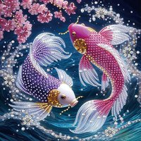 Koi Fish Lucky Charm Cherry Blossom Accent Diamond Painting Set, with Crystal and Rhinestone Accents for DIY Home Wall Decor in