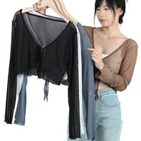 Summer Women Tie Up Cardigan Famale Sexy Long Sleeve Sheer Mesh Crop Tops Lady Suspender Skirt Layered Gauze Jacket Girls Shawl