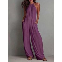 Women's Halter Jumpsuit Beach Vacation Textured Overalls with Pockets Wide-Leg Romper Casual Spring Summer Sleeveless Outfit