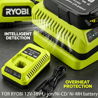 RYOBI ONE+ 12V-18V Battery Charger 2/3A Fast Charger for Li-ion Ni-CD Ni-MH Batteries with LED Status Lights&Overheat Protection