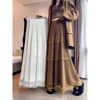 Women Elegant Lace Trim Knit Maxi Skirts 2025 Autumn Winter High-Waisted A-Line Flare Skirt for a Feminine and Boho Chic Look