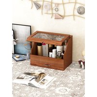 Retro Wooden Desktop Organizer Box Perfume Cosmetic Cup Storage Rack Dustproof Cover Long Rectangle Shape Family Storage Tool