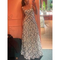 Pearls Decoration Women Tank Dress Floral Print Square Collar High Waist Sleeveless Holiday Style 100% Linen Robe