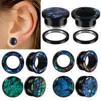 2pcs Flat Hollow Colorful Shell Black Stainless steel Ear Tunnel Gauge Plugs Lobe Stretchers Expander Double Flesh Ear Piercing