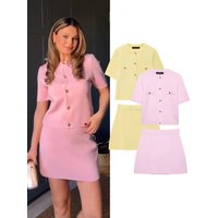 HH Women Summer Sexy Knitted Skirt Suit Crew Neck Single-Breasted Short Sleeve Top+Fashion Elegant Elastic Waist Mini Skirt