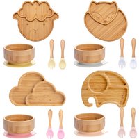4pcs Children's Tableware Suction Plate Bowl Baby Dishes Baby Feeding Dishes Spoon Fork Sets Bamboo Plate for Kids Tableware