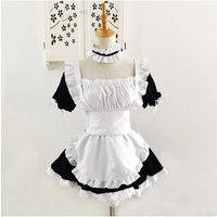 Cute Anime Maid Dress Sweet Lolita Cosplay Outfit With Apron Cuffs Choker Headband Kawaii Frill Uniform S-3XL
