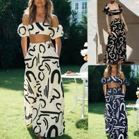 2 pieces Set Women Skirt Suit Set Summer Printed Strapless short sleeve tops and A-line Long Skirts Chic Sets for female