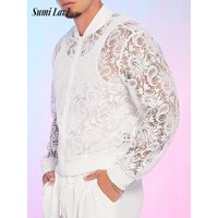 Streetwear Vintage Men's Embroidery Lace Shirt Long Sleeve Zipper Mesh Shirts Men Spring Fall Sexy Transparent Cardigan Shirt