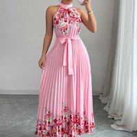Elegant Dress Spring Summer Fashion Elegant Loose Daily Print Sleeveless Waist Pleated Lace-Up Halter Neck Slim Hem Dresses