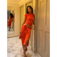 Vintage Orange Floral Textured 2 Piece Outfit Trendy Side Drawstring Crop Top Wrap Tie Midi Skirt Casual Holiday Matching Set