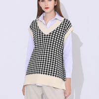 Pull en fibre optique pied-de-poule avec col en V pour femme, gilet chic, décontracté, mode automne, 17502
