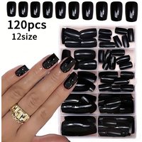 120pcs Short Square Black Press On Nails Glossy Surface Full Cover Acrylic Fake Nails Medium Black Square Artificial False Nails