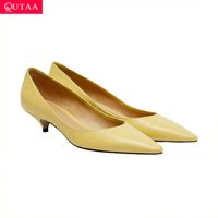 QUTAA Fashion Genuine Cow Leather Women Pumps Shoes Spring Mid High Heels Sexy Autumn Pointed Toe Yellow Shoes Party Dress 34-43