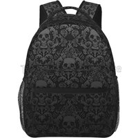 Goth Gothic Black Skull Damask Pattern Backpack Unisex Casual Laptop Backpacks School Bookbag Travel Hiking Camping Daypack