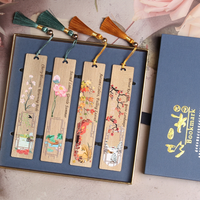 Hand Painted Four Seasons Theme Wooden Bookmarks Natural Golden Nanmu Wood Tassel Oriental Vintage Gift for Reading Lovers