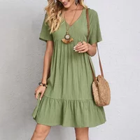Plus Size Loose A-line Short Sleeve Pleated Women Dress V-neck Solid Color Beach Dresses Elegant Simple Oversize Comfort Clothes