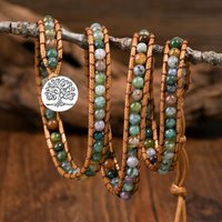 Yumfeel 1PC Multi-layer Wrapped Bracelet Boho Indian Agate 4mm Round Beads Handmade Braided Leather Rope Women Woven Bracelet