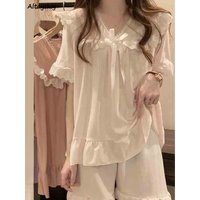 Pajama Sets Women Lace Sweet Bow Princess Loose Home 5 Colors Fashion Tender Casual Summer Japanese Style Vintage Sleepwear Chic