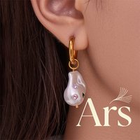 Ars Stainless Steel Hoop Earrings with Baroque Pearl Charm Gold Plated Dangle Earring with Zircon Vintage Pearl Drop Earrings