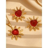 E.B.belle Red Agate Stone Heart Earrings Necklace Stainless Steel 18K Gold Plated Party Wedding Trendy Women Jewelry Set