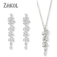 ZAKOL Classic AAA Cubic Zirconia Tassel Leaf Pendant Necklaces for Women Elegant Bridal Wedding Party Jewelry Accessories